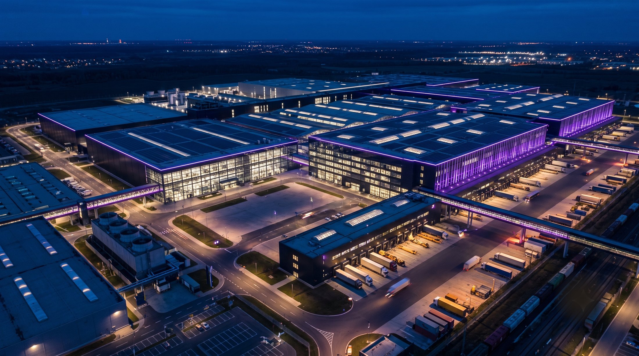 Vista aérea de um grande complexo industrial hi-tech ao anoitecer: a BGCOM Martech opera receita para indústria e B2B de venda complexa